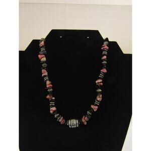 Pink Rhodonite Silver Tone Chip Pendant Necklace 26" VTG Cottagecore Natural